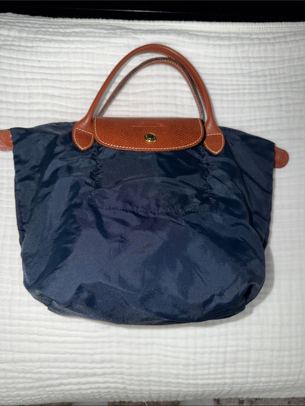 Longchamp Navy Mini Tote with Brown Leather Trim